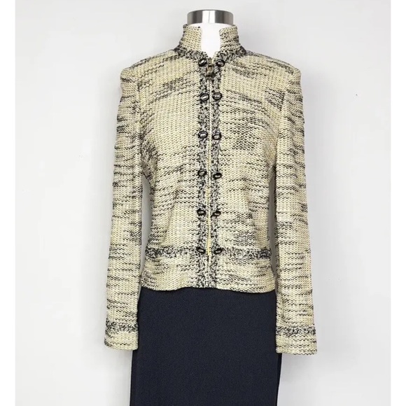 St John Marie Gray Knit Suit Jacket & Pencil Skirt 2pc Yellow Black Sz 6 - Picture 1 of 8